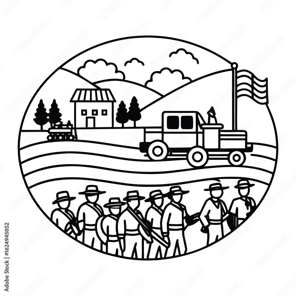 Obraz premium Agricultural Rural Scene Featuring Farmers, Vehicle, and Landscape in Minimalist Illustration Style