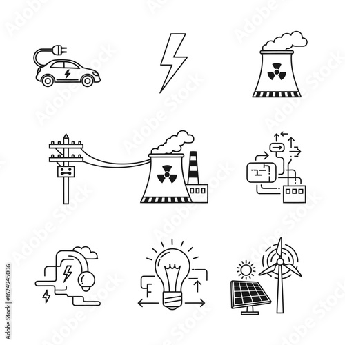 Energy sources and electricity symbols electric car