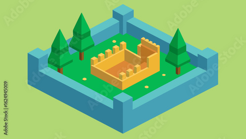 Charming vector isometric city garden nestled between high walls