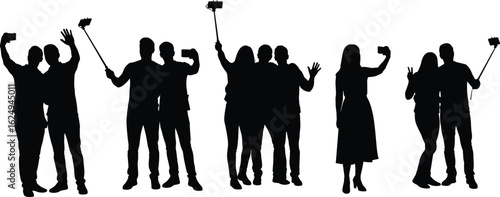 Selfie silhouette, people taking selfies, smartphone pose, selfie stick group, modern trend, social media moment, vector art, black shape, youth culture