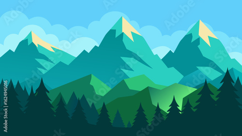 Striking vector landscape featuring tall jagged mountains and evergreen trees