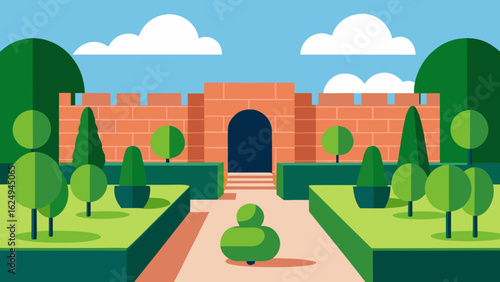 Elegant vector style courtyard garden with brick walls and plants