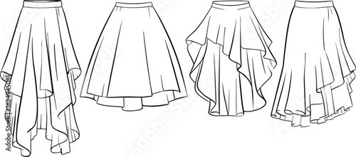 Asymmetrical skirt vector, flared skirt cad drawing flat vector illustration, layered hem sketch, fashion technical drawing, front view, high low skirt