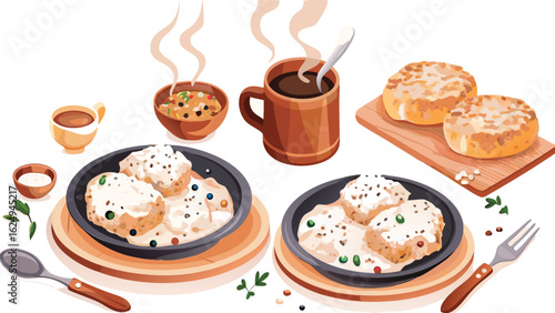 Breakfast scene with biscuits and gravy coffee and pastries on a white background illustration
