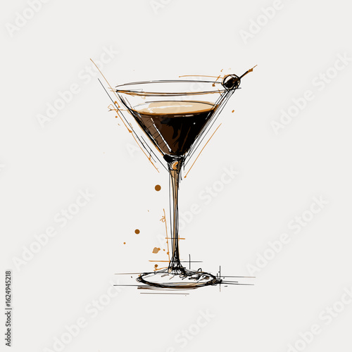 Martini glass with coffee drink in modern sketch style  