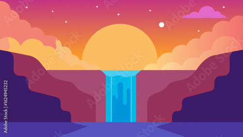 Stunning waterfall cascading into a clear pool under a sunset sky