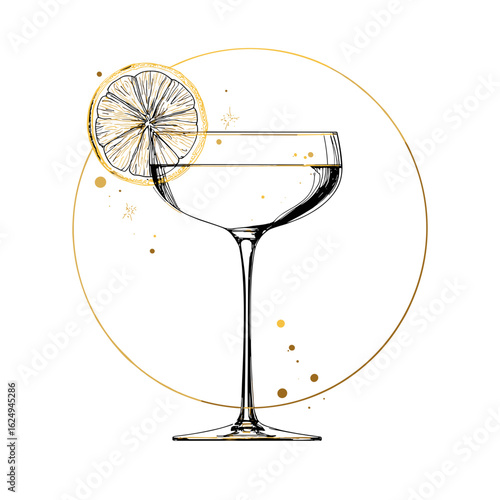 Cocktail glass with lemon slice and gold accents on white background  