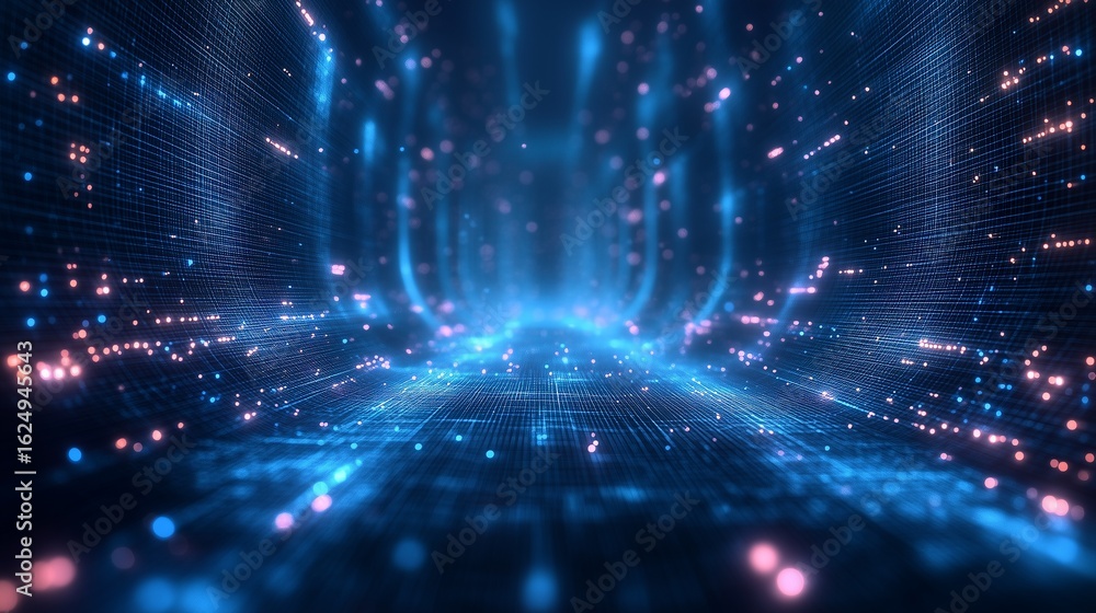Obraz premium An abstract digital tunnel with glowing blue and pink particles, representing a cyberspace or data flow.