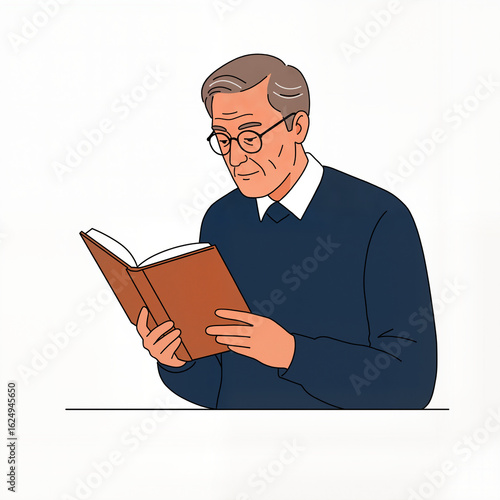 Elderly man reading book while standing isolated on white background