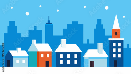 Charming Winter City Skyline with Snow on Rooftops