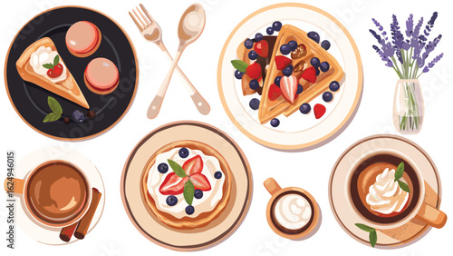 Overhead view of various breakfast items including waffles coffee and pastries on plates and lavender vase