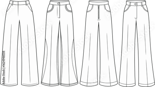 Wide leg pants vector, cad drawing flat vector illustration, front back view, high waist, flared hem, fashion sketch, button zip closure