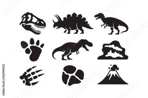 Collection of dinosaur icons and silhouettes for paleontology and prehistoric themes