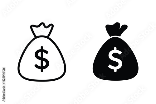 Two money bags with dollar signs one outline and one solid isolated on white background