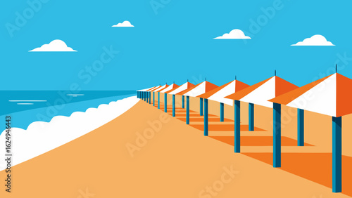 Elegant Beach with Neat Rows of Cabanas Facing the Ocean
