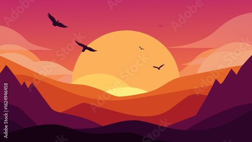 Serene Birds Flying Over a Valley During Sunset