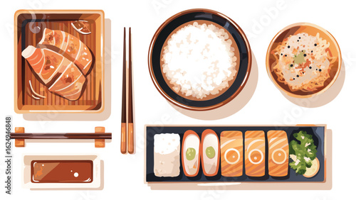 Overhead view of a variety of japanese food including sushi rice and salmon served with chopsticks and soy sauce