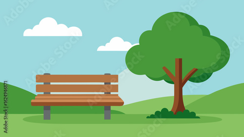 Charming Cartoon Park Bench Under Tree with Soft Grass