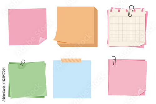 Memo sheets, postit notes, torn labels and taped pages. Sticky planner elements, checklist and list paper for scrapbooking or school. Template set. White and craft paper.
