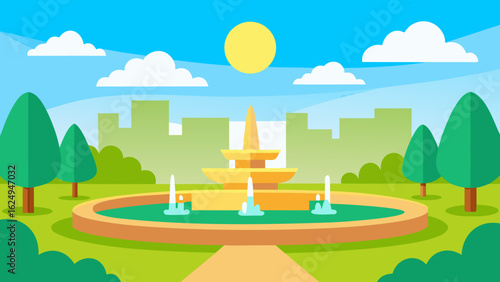 Majestic Central City Park with Large Fountain and Walking Paths