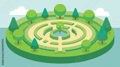 Elegant Circular City Park with Symmetrical Gardens and Hedges