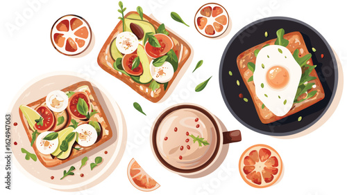 Overhead view of toast with avocado, tomatoes, mozzarella, egg, and citrus slices arranged on a white table