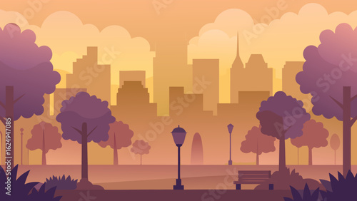 Serene City Park at Dawn with Misty Air and Silhouetted Trees