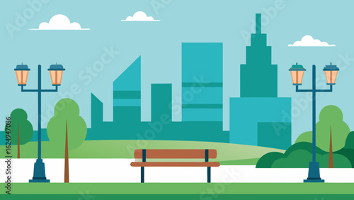 Contemporary City Park Area with Modern Architecture and Benches