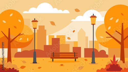 Vibrant City Park During Autumn with Fallen Leaves and Warm Colors