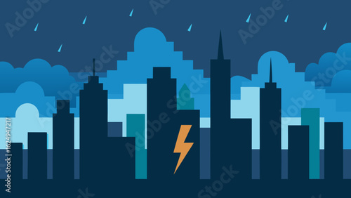 Dramatic City Skyline During Storm with Lightning in Background