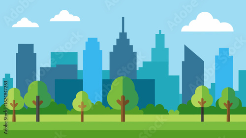 Urban City Skyline with Lush Trees and Park in Foreground