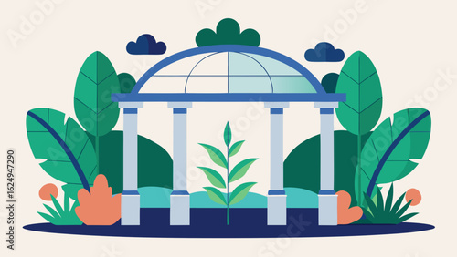 Modern Clean Botanical Garden Structure with Lush Plants