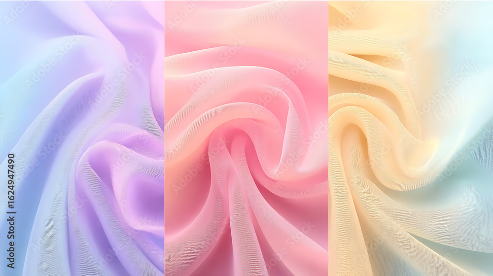 Fototapeta premium Pastel Fabric Panels in Harmonious Arrangement Soft Textile Textures with Gradient Colors and Gentle Swirling Folds