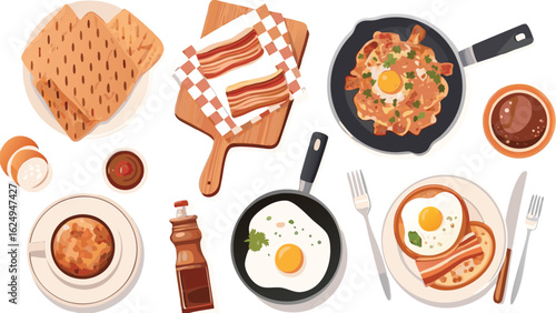 Overhead view of a breakfast spread with eggs bacon toast and coffee on a white background table top