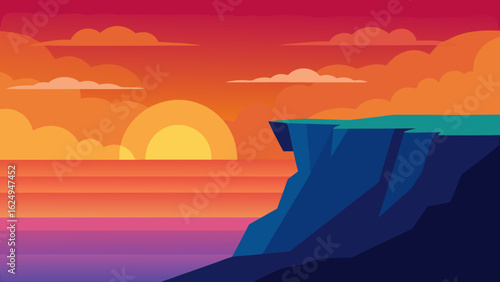 Dramatic Cliffs Above Ocean with Vibrant Sunset and Sky Reflection
