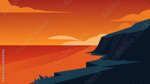 Serene Cliffside Overlooking a Calm Bay with Orange Sky Glow