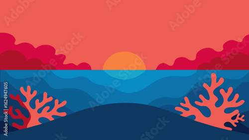 Vibrant Coral Reef Seen From Above with Sunset Reflections