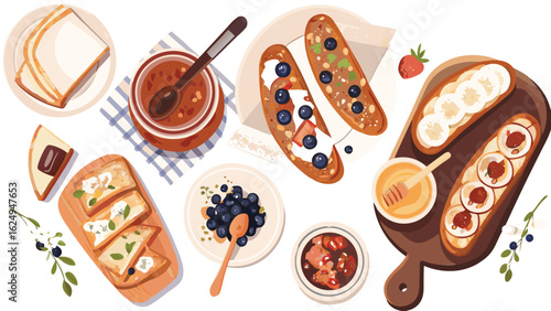 Overhead view of various toast preparations with fruit, jam, and honey on a white background