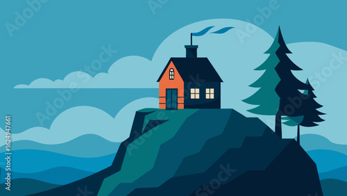 Cozy Cottage on a Rocky Hill Overlooking the Ocean Winter Scene