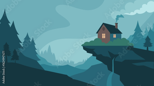 Secluded Cottage on the Edge of a Misty Ravine with Dense Trees