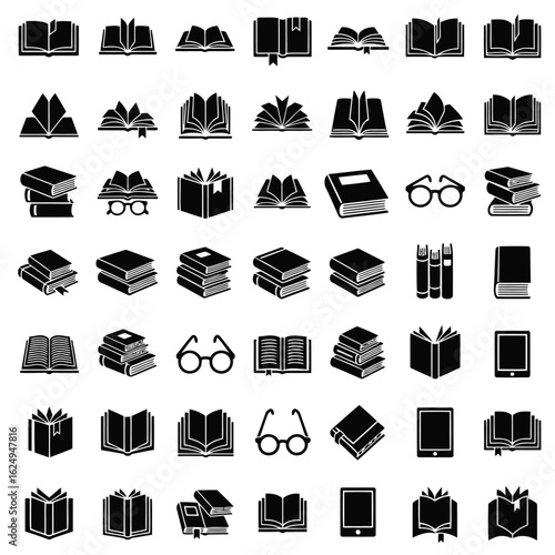 Open books and reading glasses icons closed book stack of books
