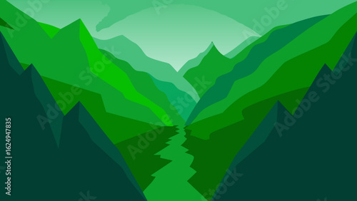 Deep Green Valley Between Steep Mountain Cliffs Landscape