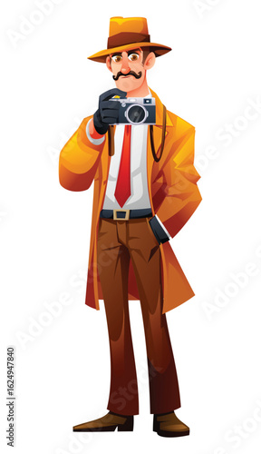 Detective character with mustache and classic outfit holding and taking a photo with a camera. Vector cartoon illustration