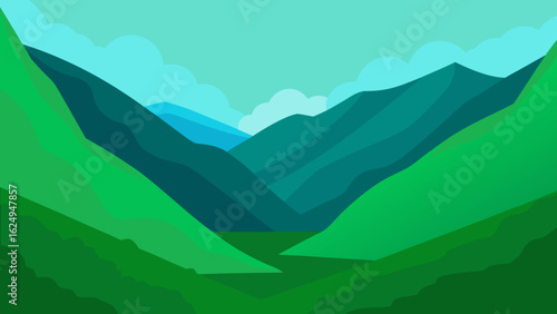 Deep Valley Surrounded by Green Mountains and Open Sky