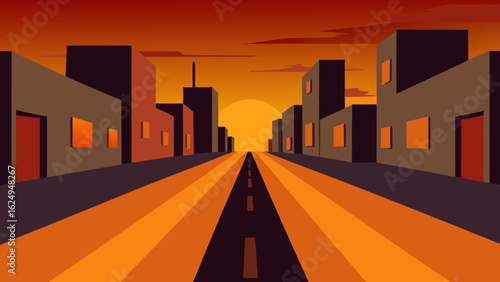 Empty Street with Long Sunset Shadows Cast by Buildings Urban Scene