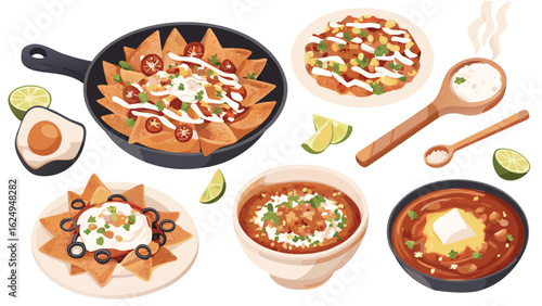 Illustration of assorted mexican food dishes including nachos, soups, limes and avocado halves