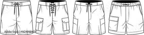 Men’s boardshorts vector set, four styles, front view, cargo pocket, drawstring, cad drawing flat vector illustration, fashion template, surf shorts sketch