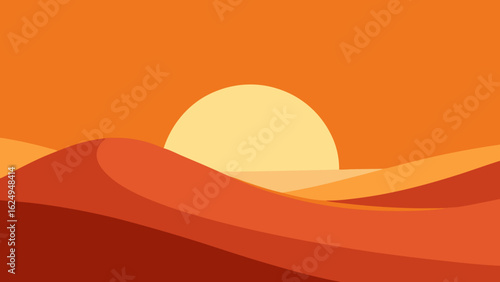 Flat Desert with Large Sun Setting Behind Sand Dunes Landscape