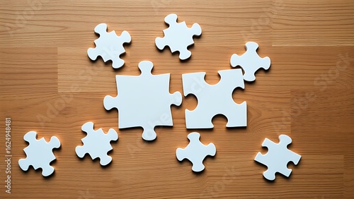 Jigsaw puzzle pieces arranged on wooden table, representing partnership through interconnected shapes.