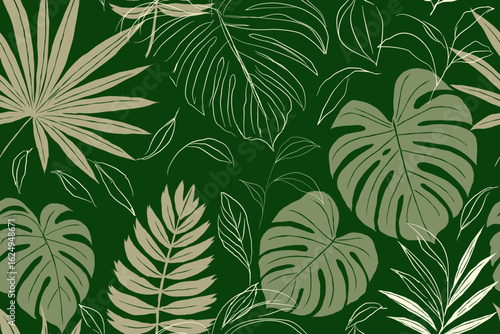 Seamless tropical leaf pattern with monstera and palm foliage in green beige vector.